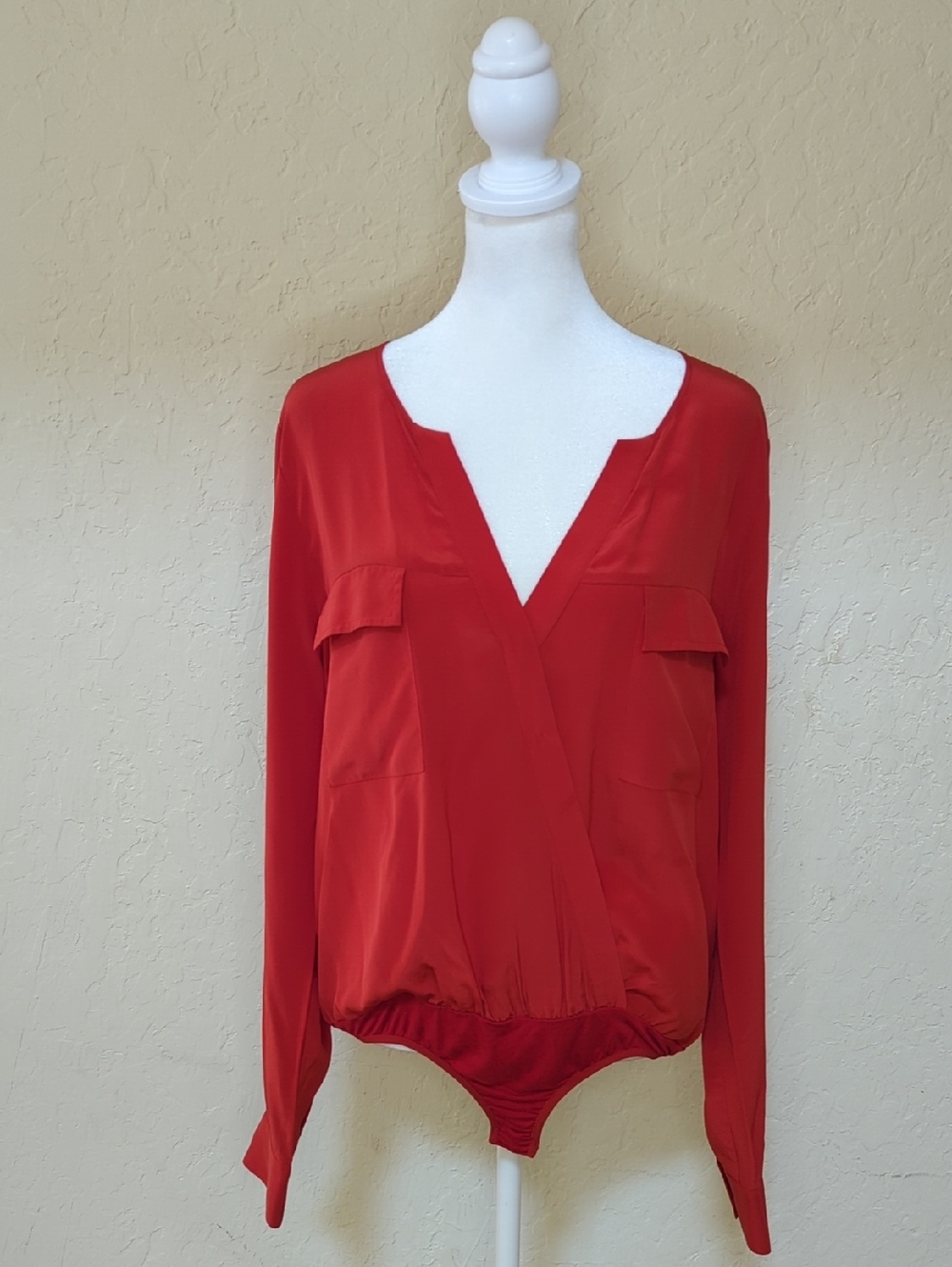 Guess by Marciano Red Silk Surplice Long Sleeve Bodysuit Size Medium